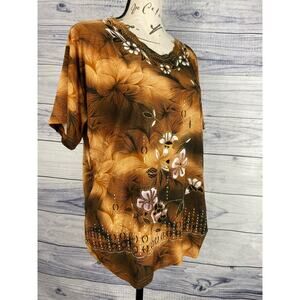 Shuangjie Ice Silk Top Womens XL Scallop Scoop Neck Short Sleeve Floral Glitter